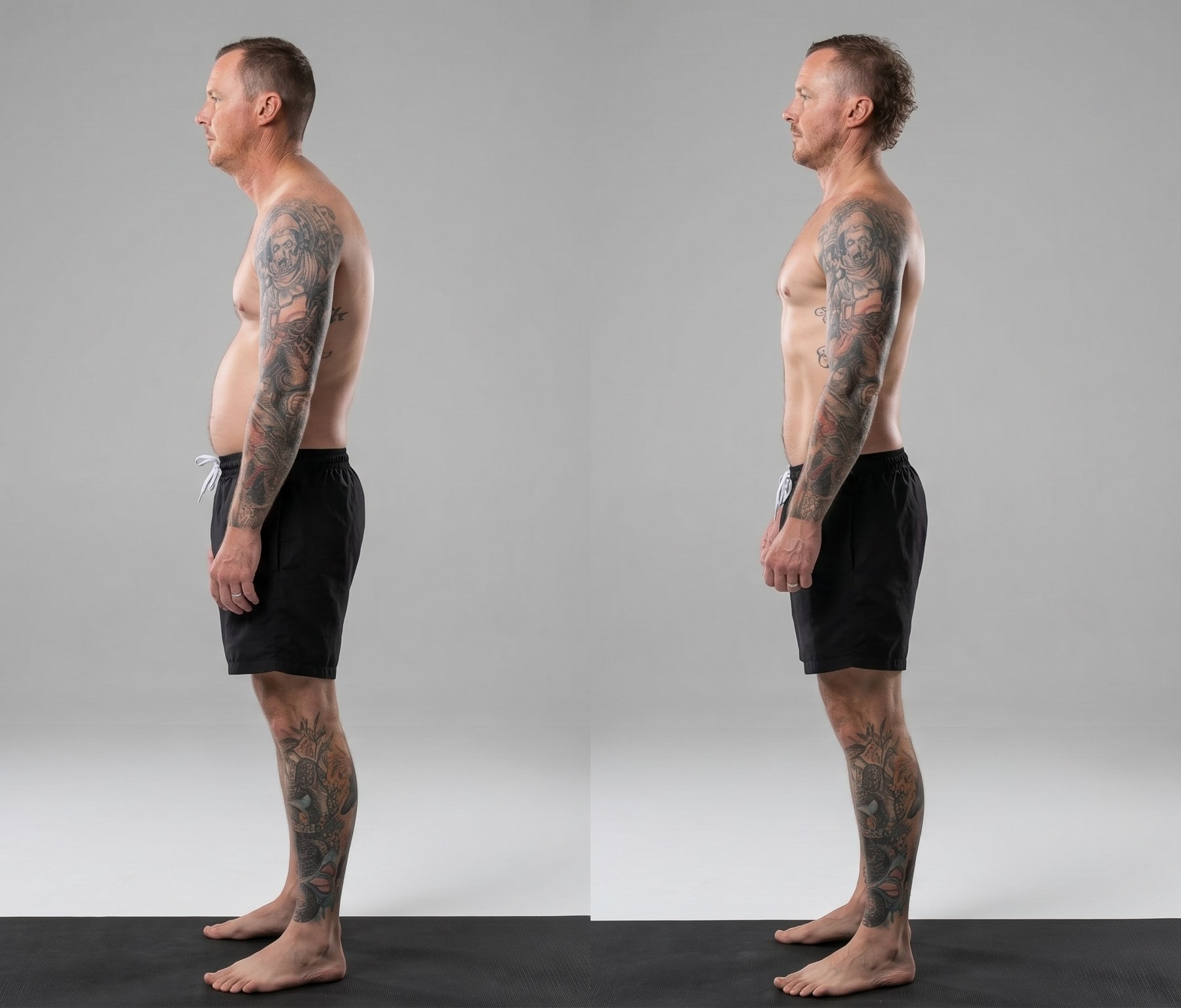 Before and after posture correction — improved spinal alignment after Functional Patterns training.